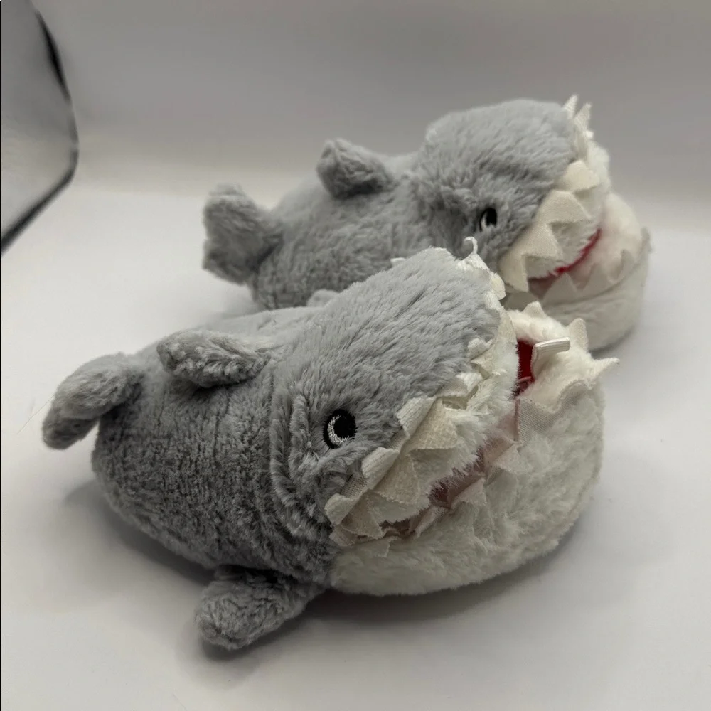Carter’s Shark Plush Slippers Kids Size Small 5/6 Gray Red Cozy Cute
